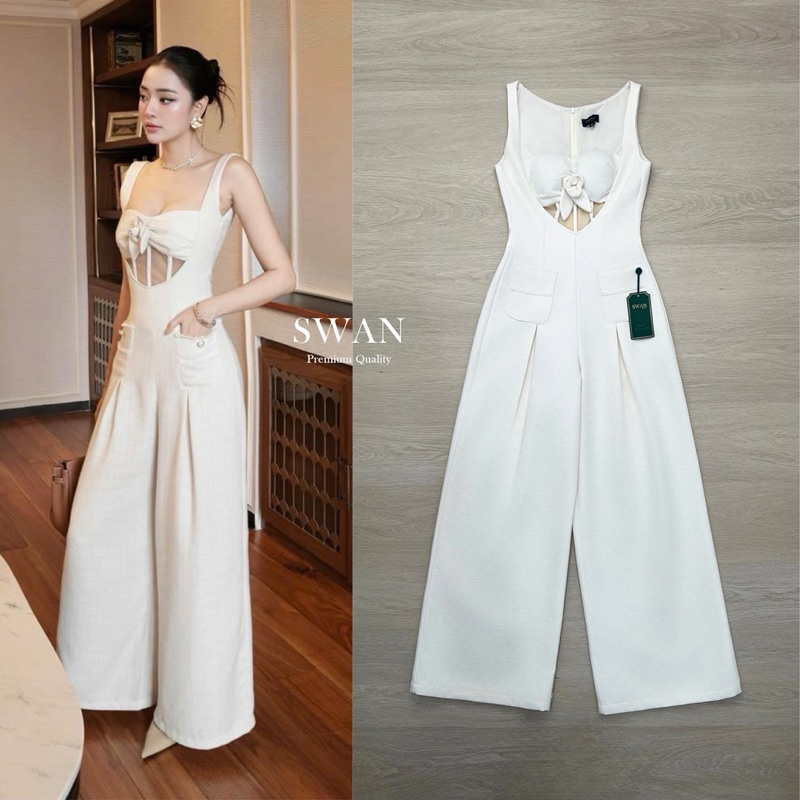 จั๊มสูทผ้าทวีตสีครีมอ่อนอกใส่ฟองน้ำใต้อกเว้าใส่ผ้าสี่ทูสีเนื้อป้ายSwan
