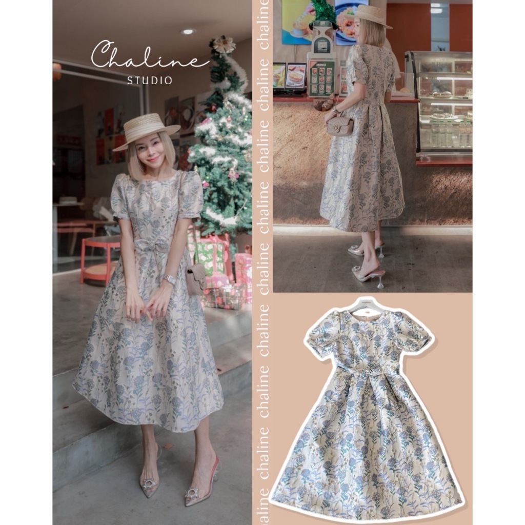 "เช็คสต็อคสินค้าก่อนสั่งซื้อค่ะ" ChalineStudio เดรสยาวเนื้อผ้าแจ็คการ์ดทรงสวย ลายดอกไม้ เนื้อผ้ามีเทกเจอร์