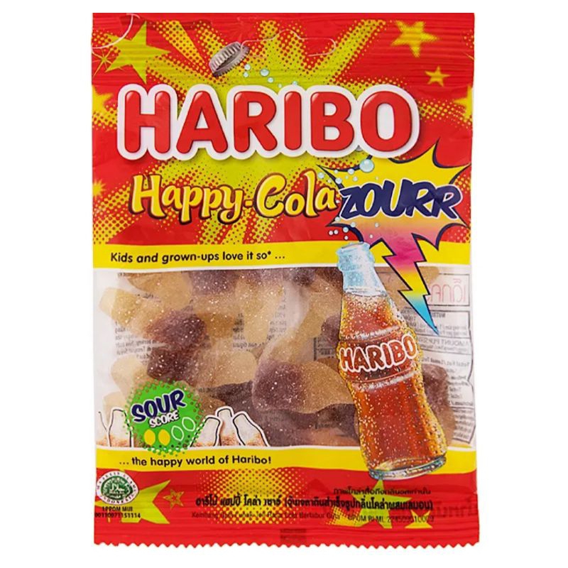 Haribo Happy Cola Zourr กัมมี่รูปขวดกลิ่นโคล่าผสมเลม่อน ขนาด 80 กรัม