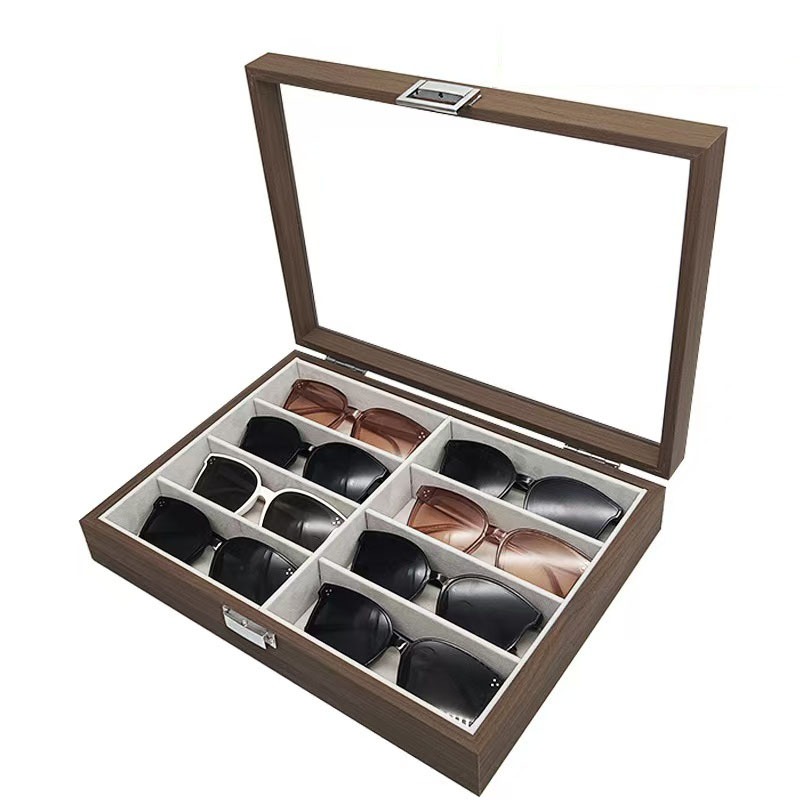 *พร้อมส่ง*กล่องใส่แว่นตา 8 ช่อง(วอลนัทสีดำไม้+กำมะหยี่สีเทา) กล่องแว่นตา กล่องของขวัญ