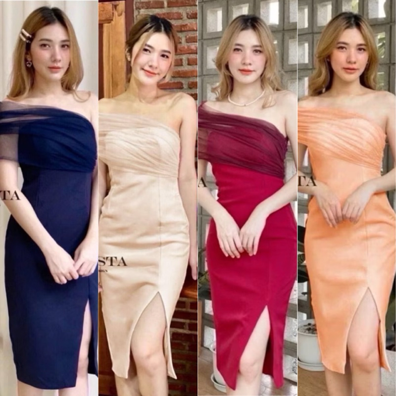 เดรสชุดราตรี งานไหล่เฉียง ไหล่แต่งผ้ามุ้ง ชุดเดรสผู้หญิง ชุดออกงาน แหวกหน้า เข้ารูปสวย ผ้าซาร่า ใส่สบาย พร้อมส่ง