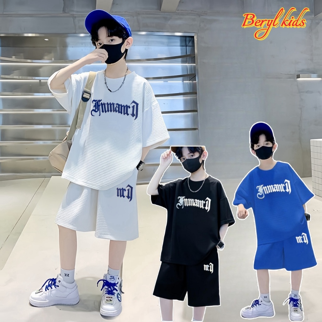 Beryl kids🌸ชุดเซ็ทเด็กชายแฟชั่น🎀ชุดเสื้อยืดกางเกงขาสั้น ลําลอง 2ชิ้น พิมพ์ลายตัวอักษร ทรงหลวม สไตล์เกาหลี ฤดูร้อน งานใหม