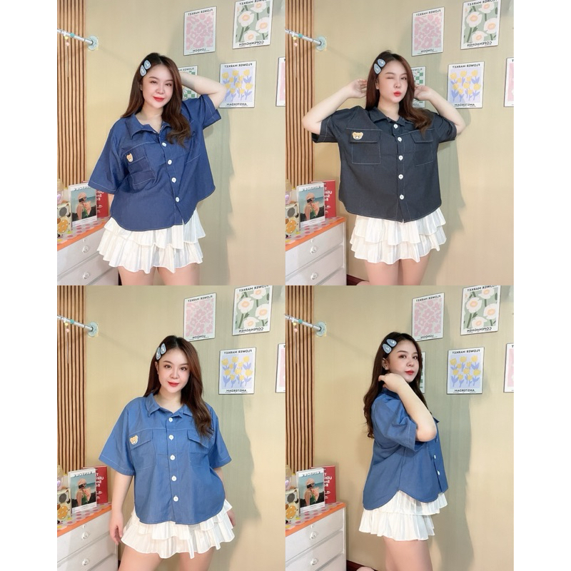 เสื้อยีนส์คอปกผ้าเนื้อดีไม่แข็ง ติดน้องหมีกระเป๋า 2 ข้างและกระดุมใช้งานได้จริง รอบอก 40-50 นิ้ว