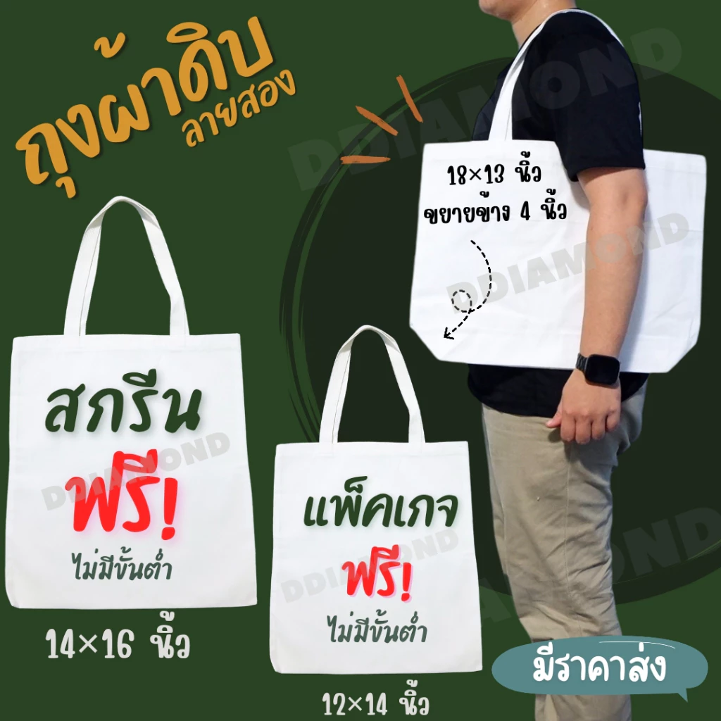 ถุงผ้าพิมพ์ลายฟรี! มี 7 ไซส์ ถุงผ้าพิมพ์สีไม่ตก พิมพ์ลายข้อความ/รูปภาพ/โลโก้ แพ็คถุงแก้วทุกใบ