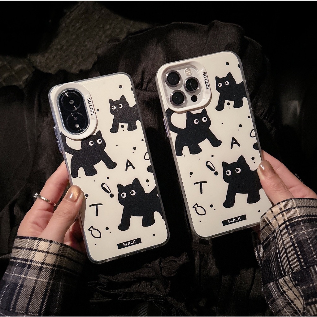 For IPhone 11 CASE เคส ขอบนิ่ม หลังแข็ง ลายแมวดำ สำหรับรุ่น Samsung A15 Oppo A5S A18 A57 Reno11F Vivo Y20 Y21