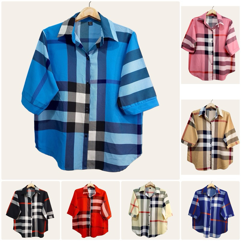 (อก 44”) เสื้อเชิ้ต เเขนสามส่วน ผ่าหน้า ลายสก๊อต ผ้าไหมอิตาลี ไม่ต้องรีด