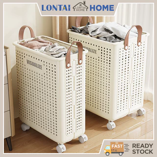 LONTAI ตะกร้าซักผ้าแบบพับได้ ที่เก็บข้อมูลอเนกประสงค์ความจุขนาดใหญ่ ตะกร้าพลาสติกพร้อมล้อ