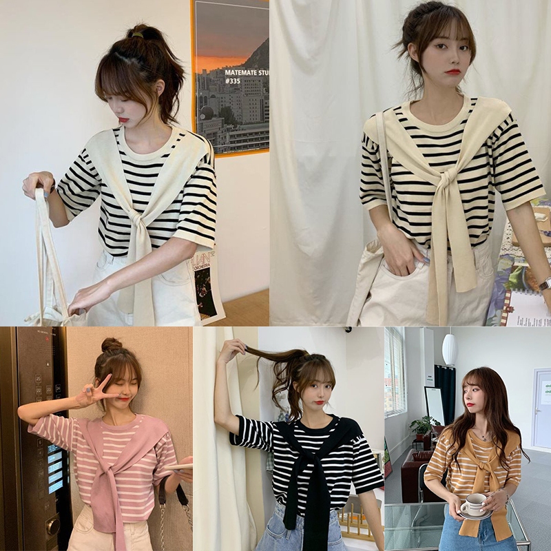 ohho T2624 ใหม่ เสื้อยืดลําลอง เสื้อคอกลม แขนสั้น ผ้าถัก ลายทาง ออกแบบดี สไตล์เกาหลี เหมาะกับฤดูร้อน Clothing