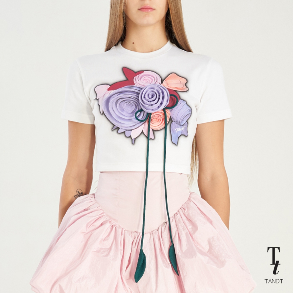 TandT - BABY POSY T-SHIRT - ROSES BOUQUET HAND-CRAFTED PRINTED CROP TOP