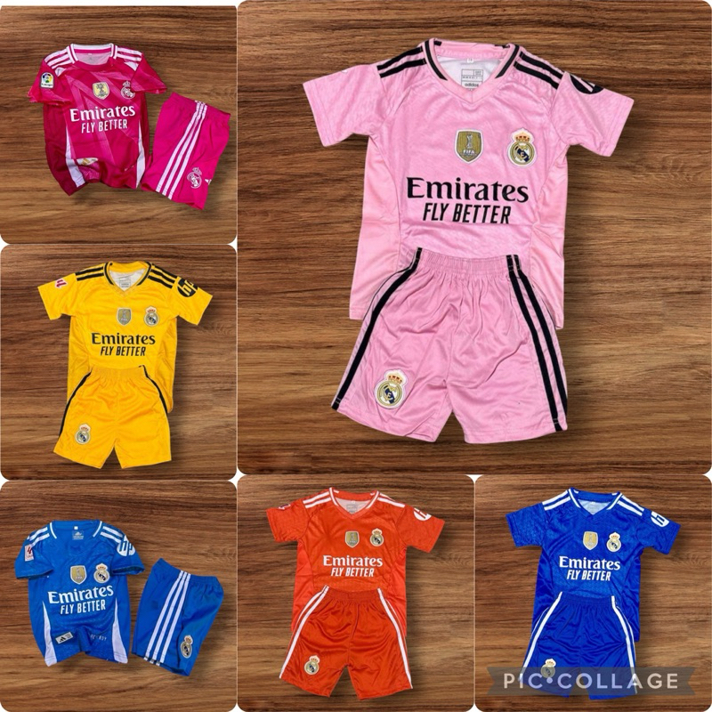 ชุดกีฬาเด็กทีมนอกมีลายสีลายไซร้ผ้าโพลีเอสเตอร์เด็กหญิงชายใส่ได้ผ้านิ่มใส่สบาย