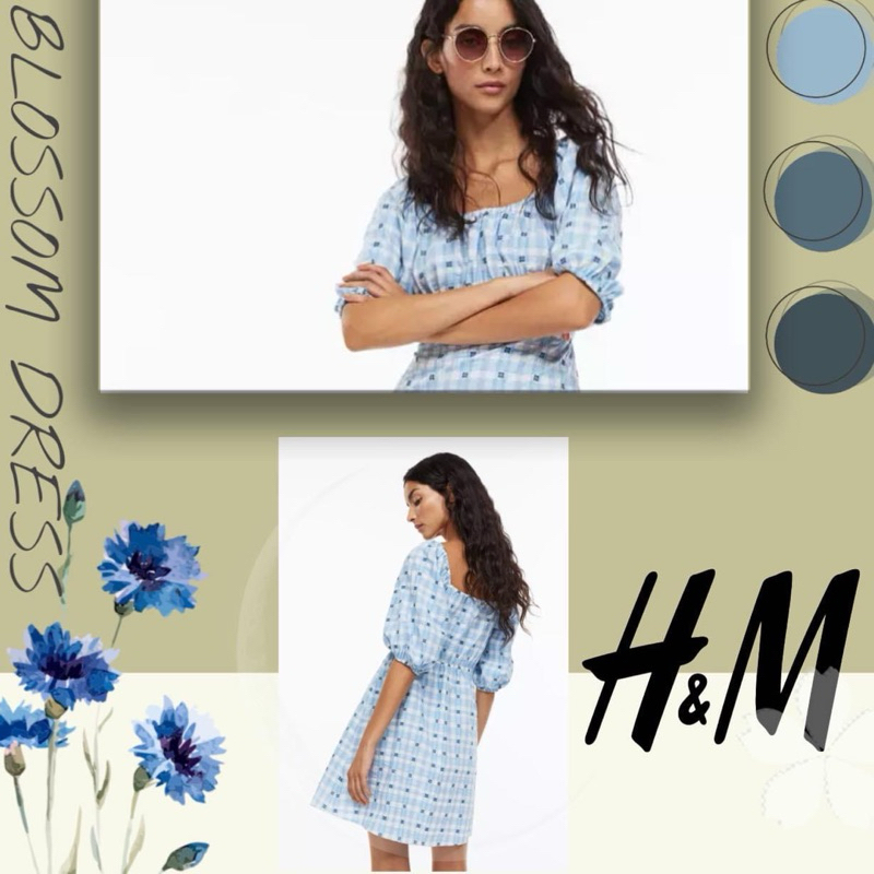 มินิเดรสคอเหลี่ยมวีช่วงแขนพองๆ H&M Puff-Sleeved Dress เข้าใหม่ สีฟ้า
