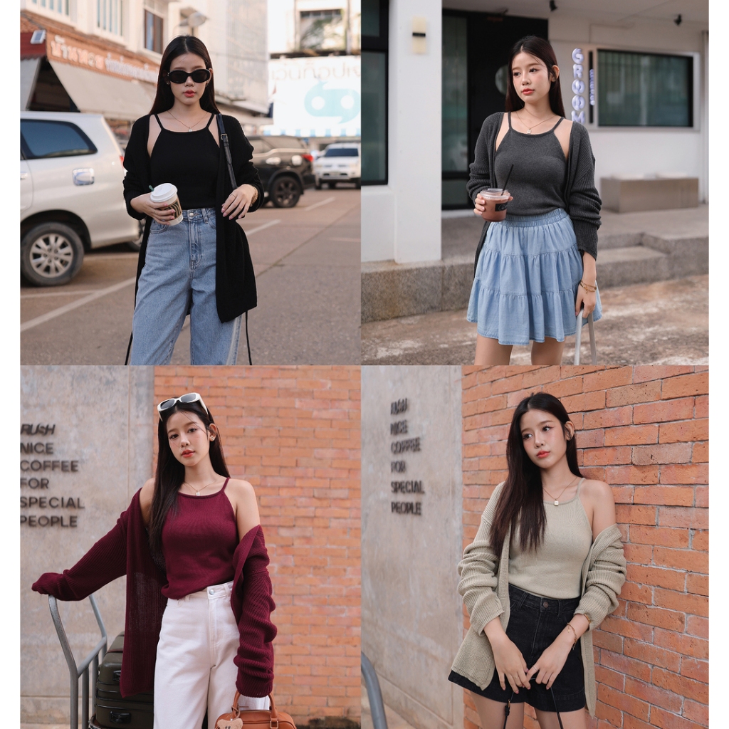NUMBERSEVEN - T0123017 Set ไหมพรมสายเดี่ยว+เสื้อคลุมยาว มี 4 สี : สีแดง , สีเทาเข้ม , สีเบจ , สีดำ