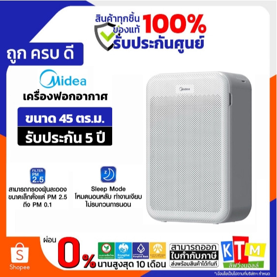 เครื่องฟอกอากาศ ขนาด 45ตารางเมตร Midea รุ่น MAP-350