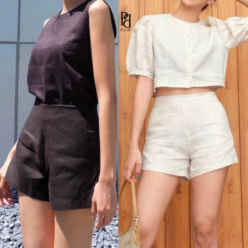 PLOWBRANDS - PS0006 กางเกงผ้าลินินขาสั้นซิปข้าง ขอบในตัว มีกระเป๋าข้าง