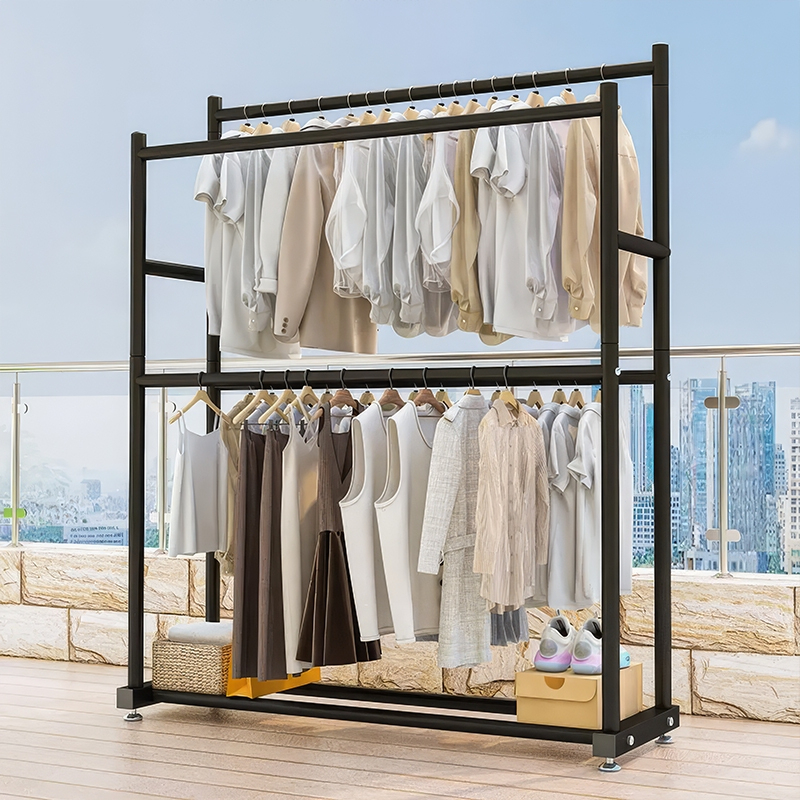 AiHome ราวตากผ้า ราวแขวนเสื้อผ้าบาร์คู่ พร้อมชั้นวางของและตะขอแขวนเสื้อแขวนหมวก