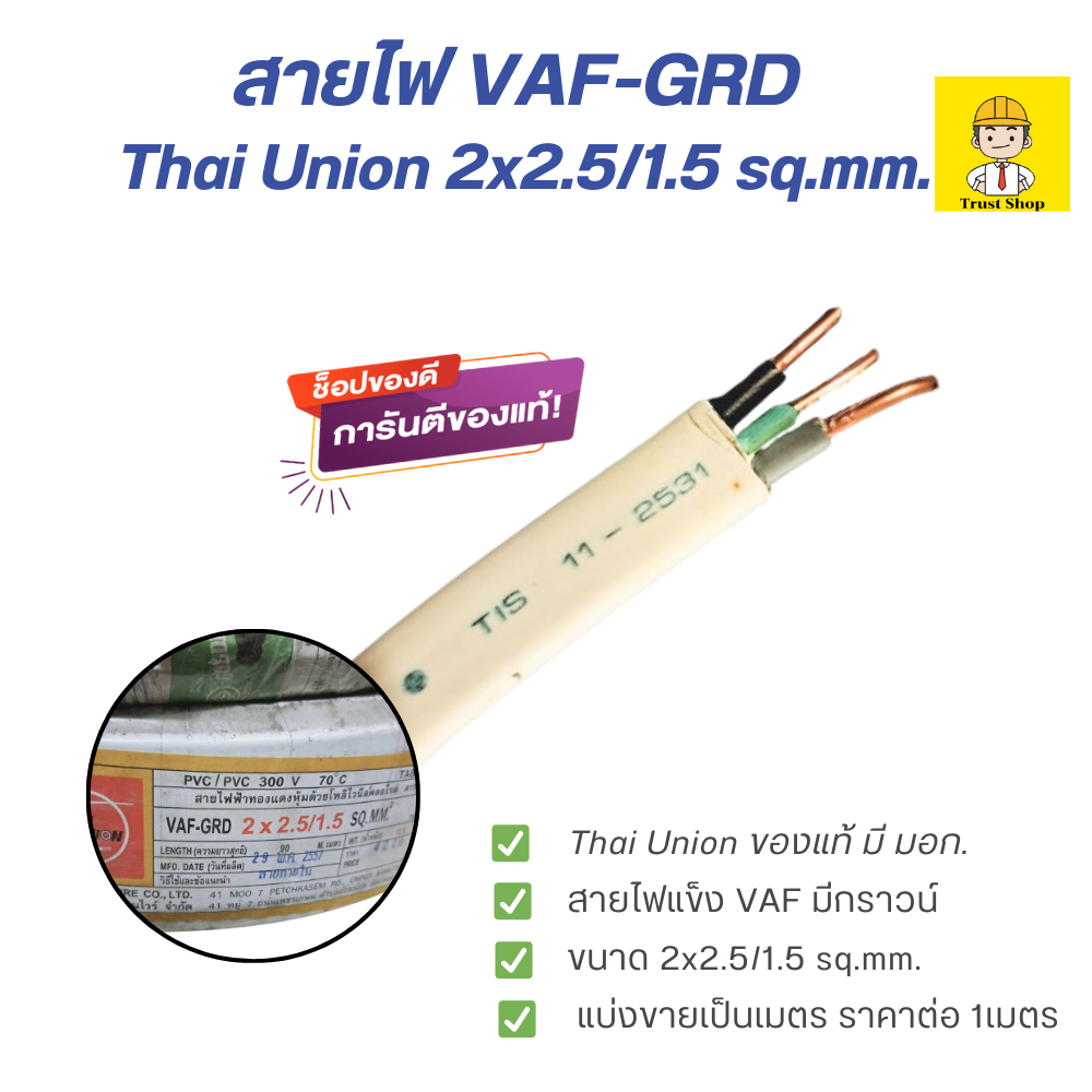 Thai Union/Golden Coins  สายไฟ VAF-GRD 2x2.5/1.5 sq.mm. สายไฟแข็ง สายไฟเดินบ้าน แบ่งขายเป็นเมตร ราคา