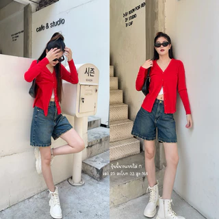 Proudly.bkk tee n skort ยีนส์ขาสามส่วน เอวสูงสีไนท์บลู งานผ้าไม่ยืด S-XL