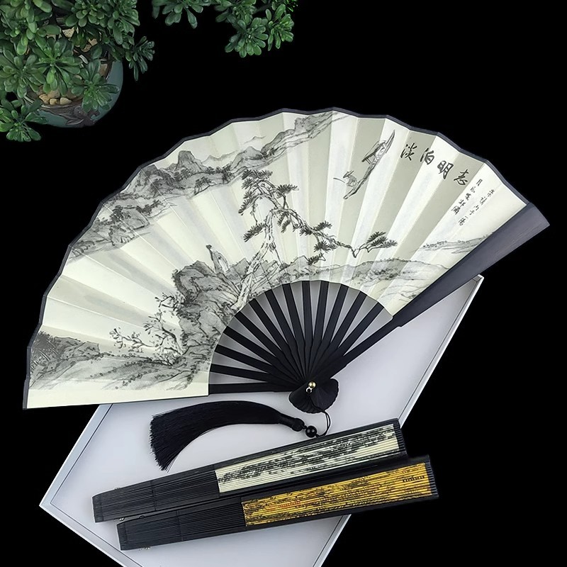 8-inch folding fan, Chinese style landscape painting, ink wash style, men and women carrying green bamboo silk fan
