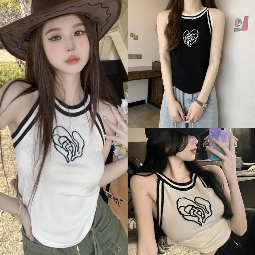 เสื้อกล้ามไหมพรมคล้องคอ สกรีนลายดอกกุหลาบ เสื้อครอปไหมพรมแฟชั่นหญิง