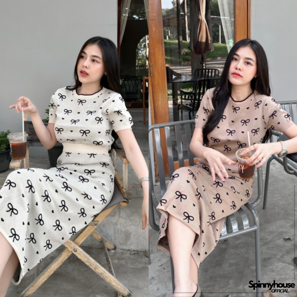 🌈SpinnyHouse🌈ชุดเซ็ต2ชิ้น ผ้าไหมพรม เสื้อคอกลมแขนสั้น+กระโปรงยาว ลายโบว์น่ารัก 💝 เรียบหรูดูแพงสุด พร้อมส่ง รุ่น กลิ่นหอม