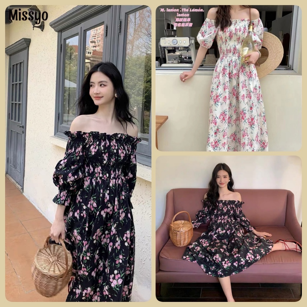 Missyo ฤดูร้อนใหม่สไตล์เกาหลีสลิมลายดอกไม้ฝรั่งเศสผู้หญิงจีบกระโปรงยาวไหล่เดียว