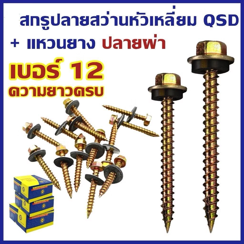 (ยกกล่อง) สกรูปลายสว่าน QSD #12 หัวเหลี่ยมปลายผ่า ชุบรุ้ง สำหรับแปรไม้ เบอร์ 12