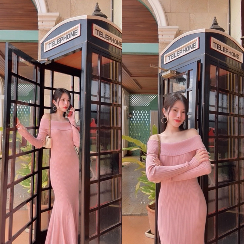 KANYA - COZY DRESS[7830] เดรสไหมพรมปาดไหล่ ผ้าหนา ดีเทลกระโปรงหางปลา (6G-6H) / (15A-15D)