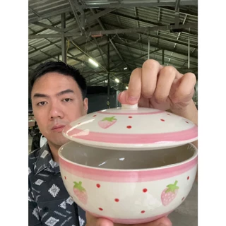 ถ้วยฝาปิดเซรามิก ลายสตอเบอรี่ชมพู (เข้าไมโครเวฟได้) เนื้อเซรามิคคุณภาพดี ปลอดภัย ออกใบกำกับภาษีได้