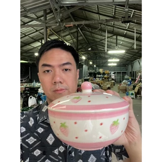 ถ้วยฝาปิดเซรามิก ลายสตอเบอรี่ชมพู (เข้าไมโครเวฟได้) เนื้อเซรามิคคุณภาพดี ปลอดภัย ออกใบกำกับภาษีได้