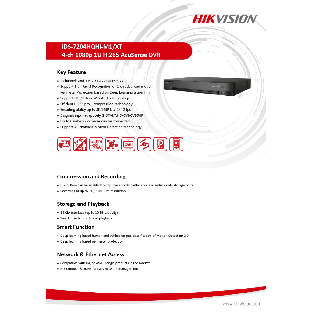 HIKVISION ชุดกล้องวงจรปิด 2MP รุ่น iDS-7204HQHI-M1/XT+DS-2CE10DF3T-LFS จำนวน 2 ตัว ภาพสี 24ชม. (รับประกันสินค้า 3 ปี)