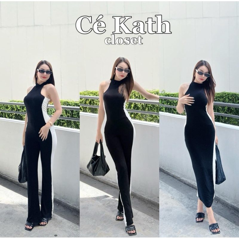 cekathจั๊มกางเกงขายาวผ้าเรย่อนคอปีนทูโทน CK5