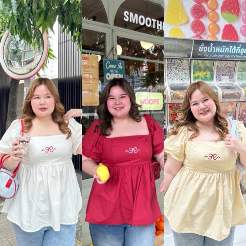 JR เสื้อปักโบว์แขนบอนลูน ปักโบว์สีแดง ช่วงอกตีเกร็ดหน้า งานสม็อคหลัง ไซส์ใหญ่