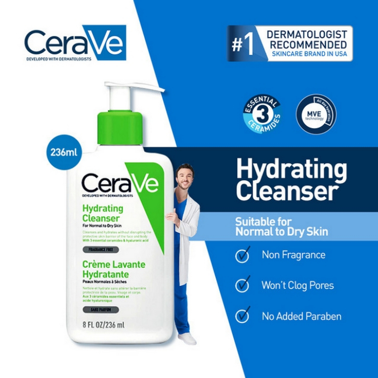 เซราวี CeraVe Hydrating Cleanser 236 ml เหมาะสำหรับผิวธรรมดาถึงผิวแห้ง โฟมล้างหน้าสูตรอ่อนโยนที่มีส่วนผสมของเซราไมด์