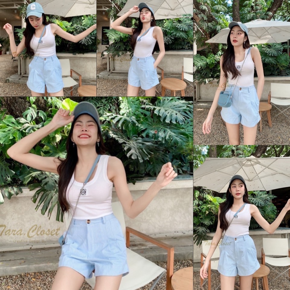 BA059 TARA Short Pants กางเกงขาสั้น ซิปหน้า กระเป๋าข้าง ผ้าบาร์บี้ลายริ้ว ผ้าอย่างดี ผ้าไม่หนามาก ผ้