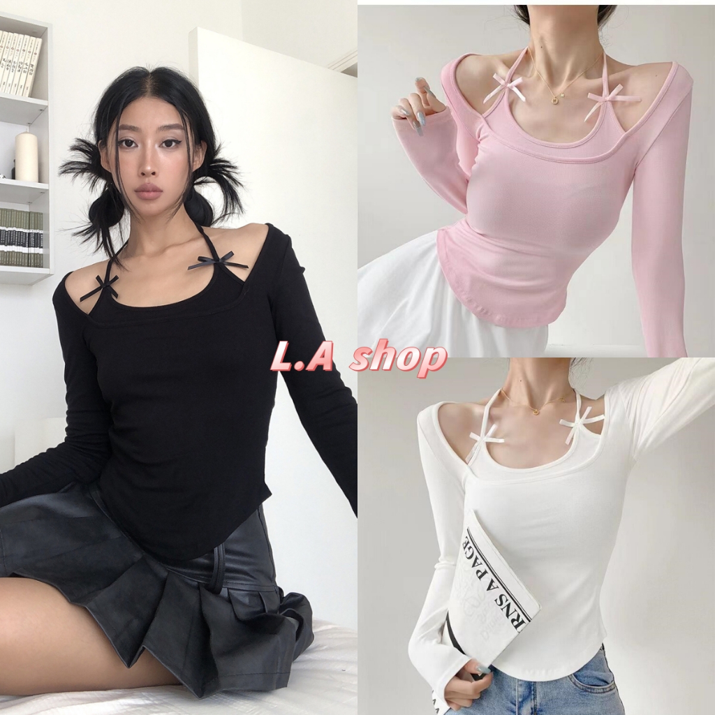 L.A Shop★ สไตล์ใหม่ ★ ​เสื้อเปิดไหมพรม คล้องคอน่ารัก มีฟองน้ำ สีพื้นรัดตามตัว "FY5053"