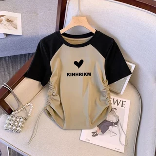 เสื้อครอปสาวอวบน่ารักๆ Oversize เสื้อผ้าแฟชั่นสไตล์เกาหลี เสื้อยืดสวยๆผู้หญิงฤดูร้อนใหม่ ด้านข้างติดเชือก ปรับความยาว