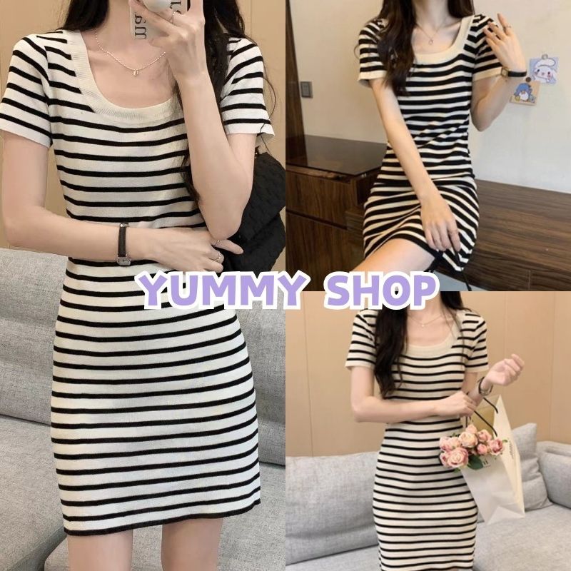 🎀Yummy Shop🎀พร้อมส่ง 【88617】ชุดคลุมท้อง ชุดเดรสไหมพรมแขนสั้น ดีเทลายทางคอกลมน่ารัก ชุดลาย-C
