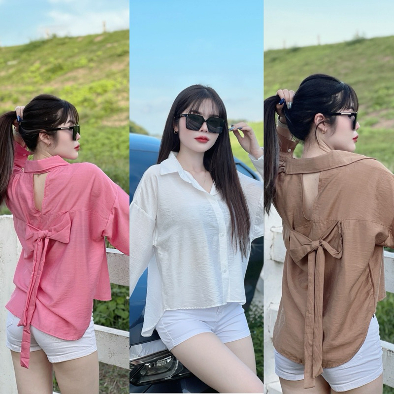 เสื้อเชิ้ตแขนยาว คอปก ทรงoversize หน้าสั้นหลังยาว แต่งโบว์หลัง