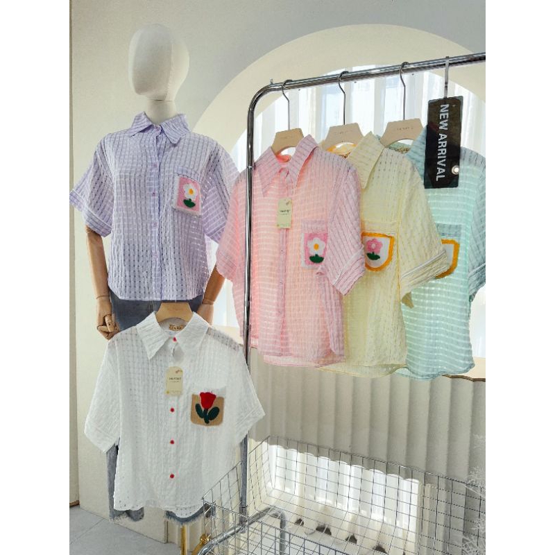 เสื้อเชิ้ตแขตสั้นปักดอกทานตะวัน