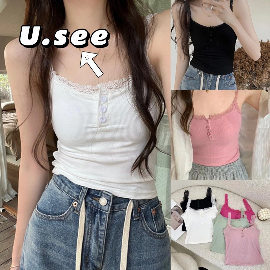 สายเดี่ยว เสื้อกล้ามเซ็กซี่ คอสี่เหลี่ยม มีฟองน้ำ เเต่ลูกไม้#2216