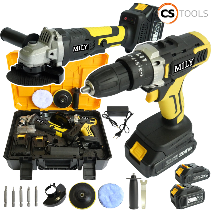 (แพ็คคู่) MILY 208V เครื่องเจียร์ไร้สาย+สว่านไร้สาย3 ระบบ แบตเตอรี่ 2 ก้อน รองรับงานหนัก ฟรี!อุปกรณ์รวม 20 ชิ้น