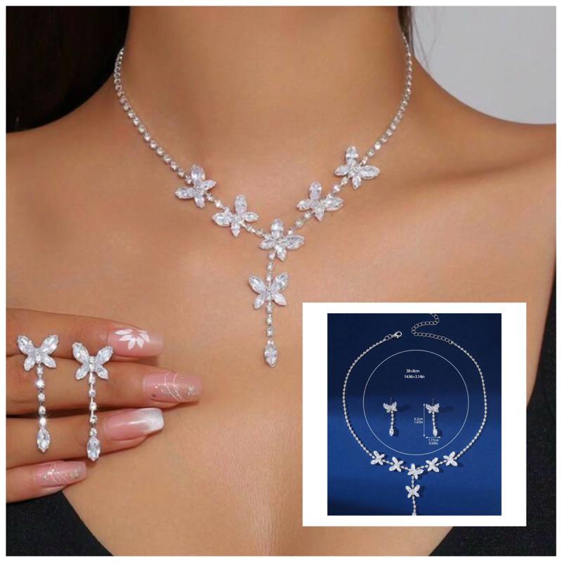 ชุดเครื่องประดับสร้อยคอ ต่างหูจี้ผีเสื้อเงินประดับเพชรสีขาว พร้อมส่ง