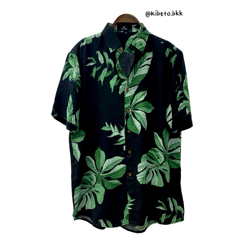 kibeto เสื้อฮาวาย ลายใบไม้ สีดำเขียว ผ้าสปันเรยอน เนื้อนิ่ม ใส่สบาย