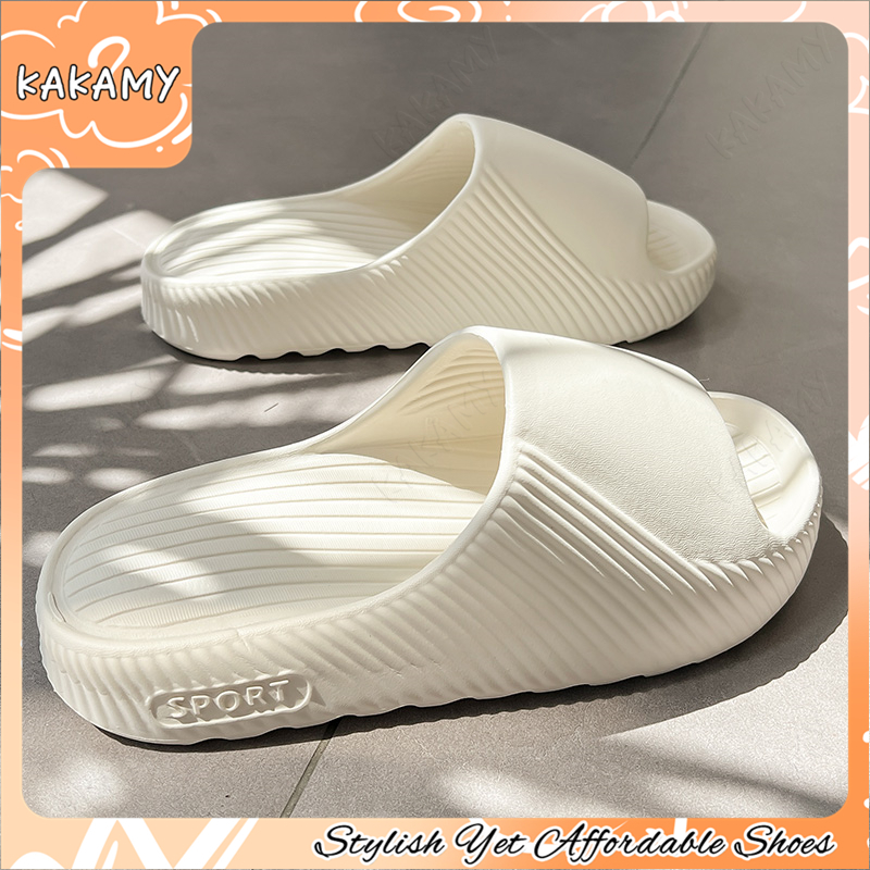 KAKAMY รองเท้าแตะผู้หญิง ลายทางพื้นหนา รองเท้าสลิปเปอร์ใส่ในบ้าน รองเท้าสลิปเปอร์กันลื่น ใส่ในห้องน้ำ
