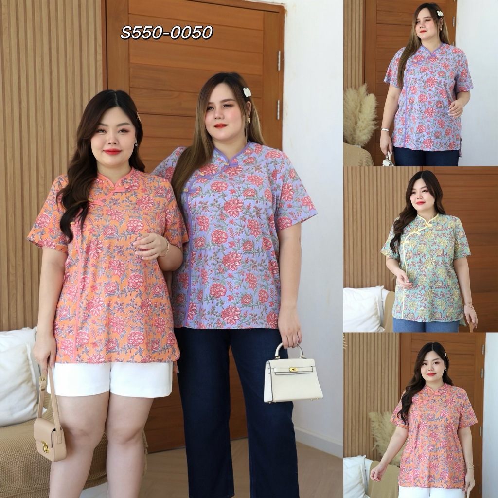 S550-0050 เสื้อคอจีน ผ้า Cotton อินเดีย งานพิมพ์มือ ตัวกว้าง เสื้อคอจีนสาวอวบพลัสไซส์