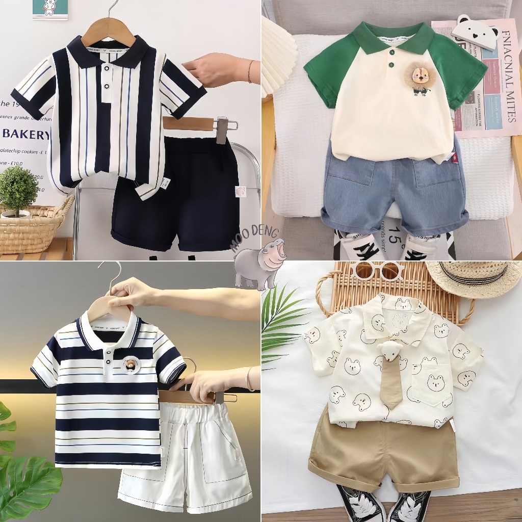 MooDeng Baby ชุดเด็กคอโปโลเสื้อ+กางเกงชุดเซทเด็กเสื้อผ้าสำหรับเด็ก Size90-120 เสือโปโล แขนสั้น ลายทาง แฟชัน