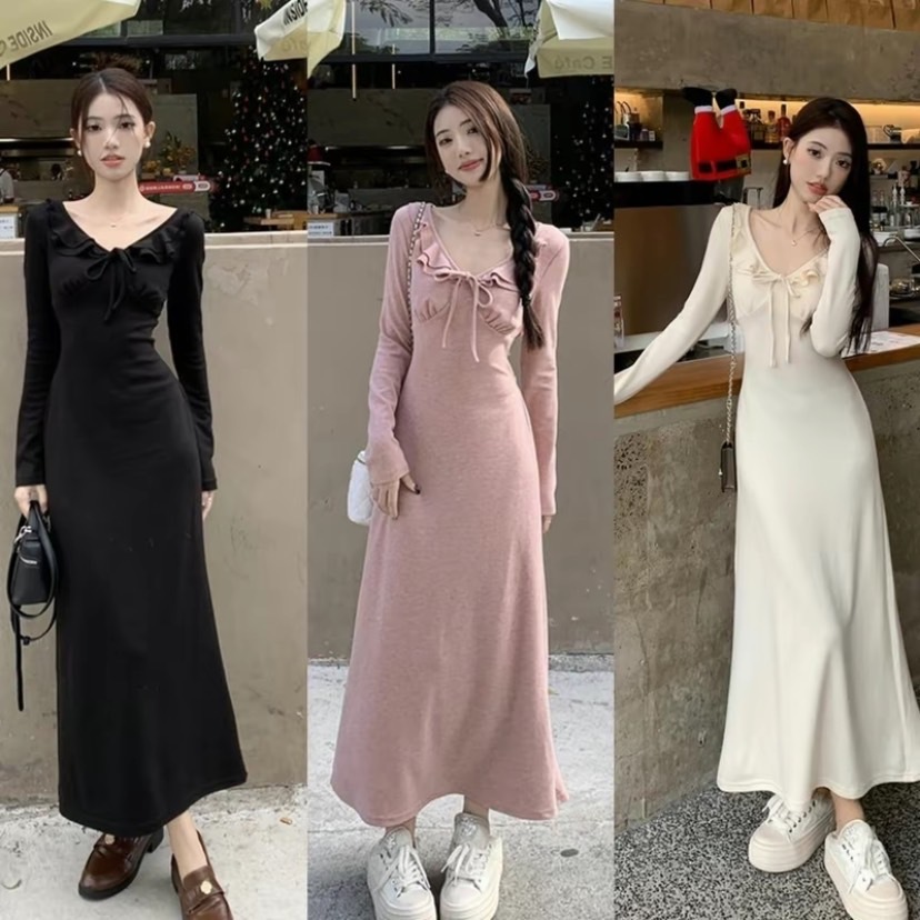 0406  เดรสยาวคอบัวทรงวี เดรสแขนยาวแฟชั่นหญิง เดรสยาวเรียบหรู