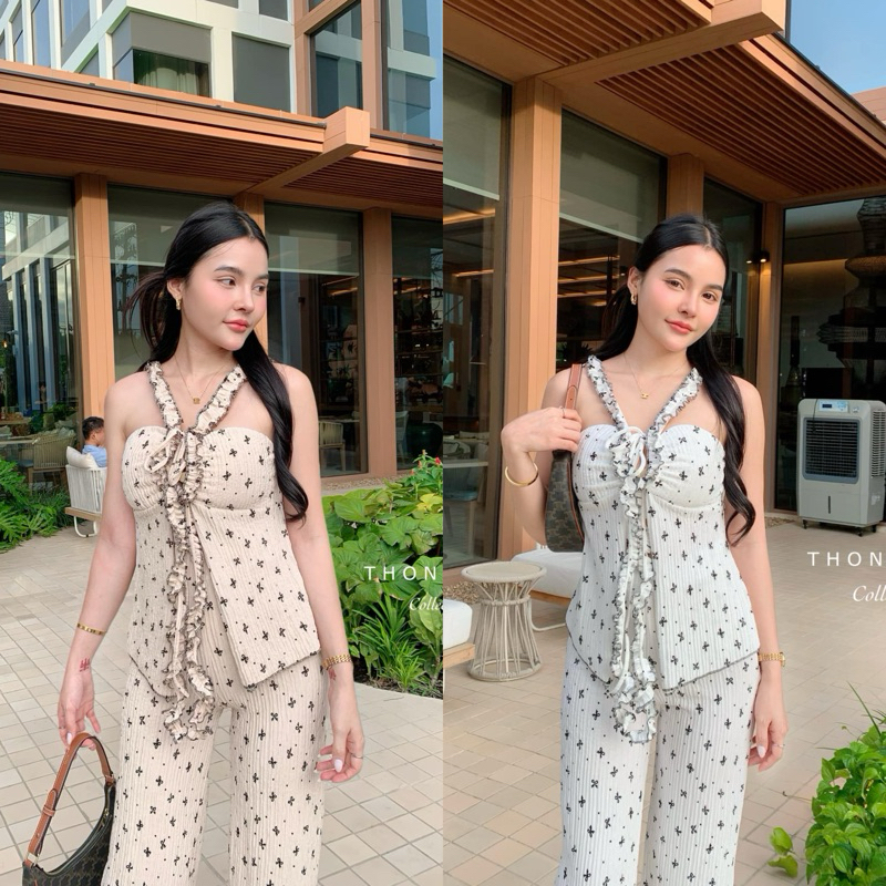 ป้ายTS(ทองสุข) HOLLY SET เซทสายหยักผูกหน้าลายโบว์กับกางเกงขายาว