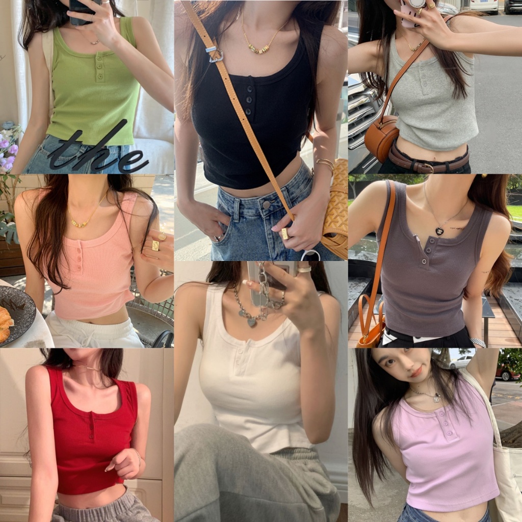 เสื้อสายเดี่ยว เสื้อกล้ามเซ็กซี่ ผ้าฝ้ายเเขนกุด ใส่กระดุมอก สายฝอ เเท่ๆ #1502215