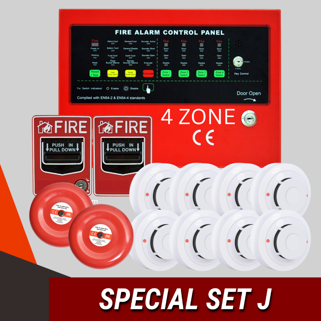 [รับประกัน 1 ปี] Asenware FCP 4 zone,  Alarm bell 6" 2 ตัว, Smoke detector 8 ตัว, Manual push 2 ตัว (J)